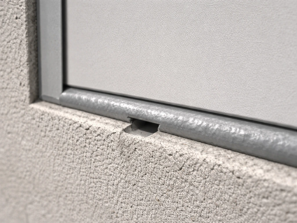 Close-up of a sealed wall joint with caulk line and slight drainage channel emphasis to prevent leaks.