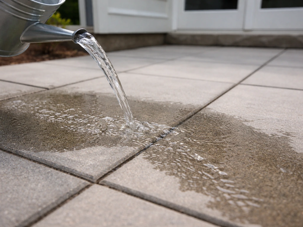 Close-up of patio concrete drainage test with water poured and flowing away from the house.