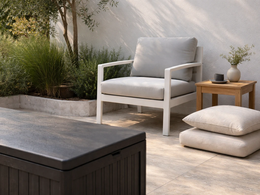 Outdoor patio furniture with powder-coated aluminum and teak pieces, cushions stored in a weatherproof deck box.