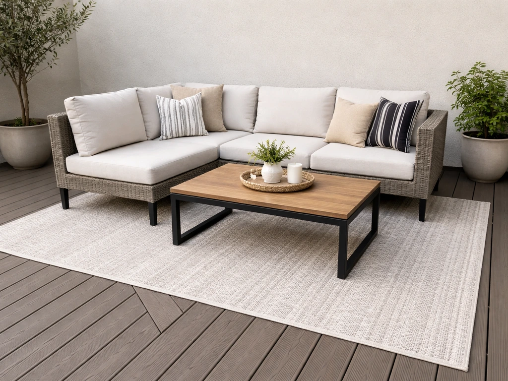 Outdoor composite decking patio with a rug anchoring a neatly arranged seating area under natural light.