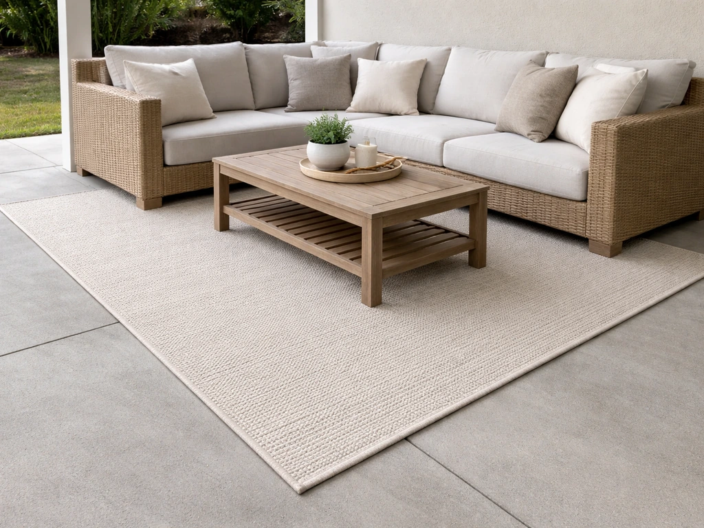 Outdoor rug under a patio seating set, with front furniture legs fully on the rug.
