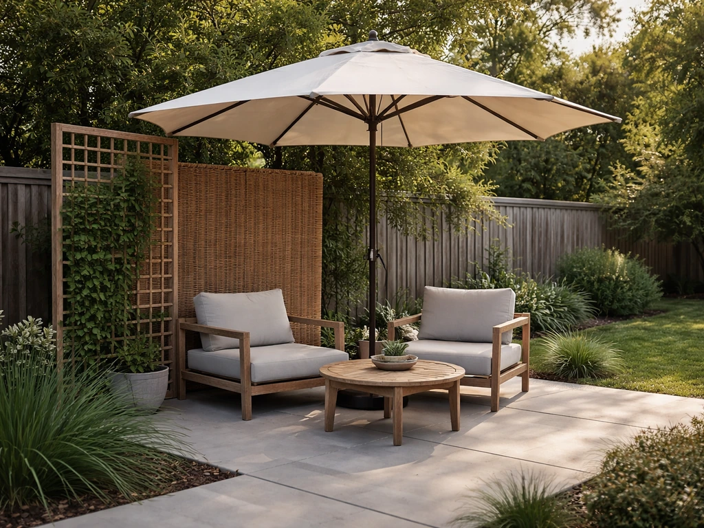 Freestanding market umbrella beside a privacy screen and trellis, creating shaded privacy in a backyard patio.