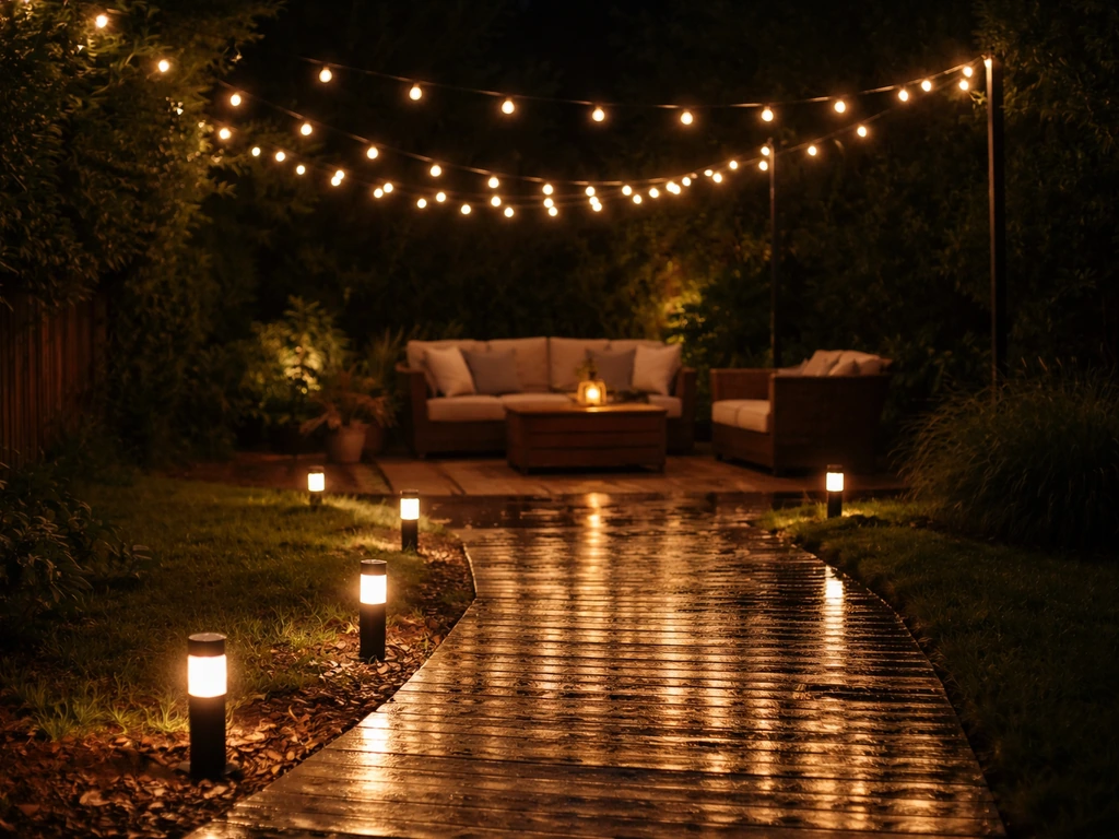 Warm outdoor string lights draped overhead with low-voltage path lights along a patio walkway at night