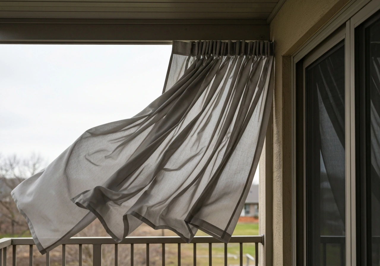 Patio curtains billowing hard in a gust of wind, showing the panels flapping outward.