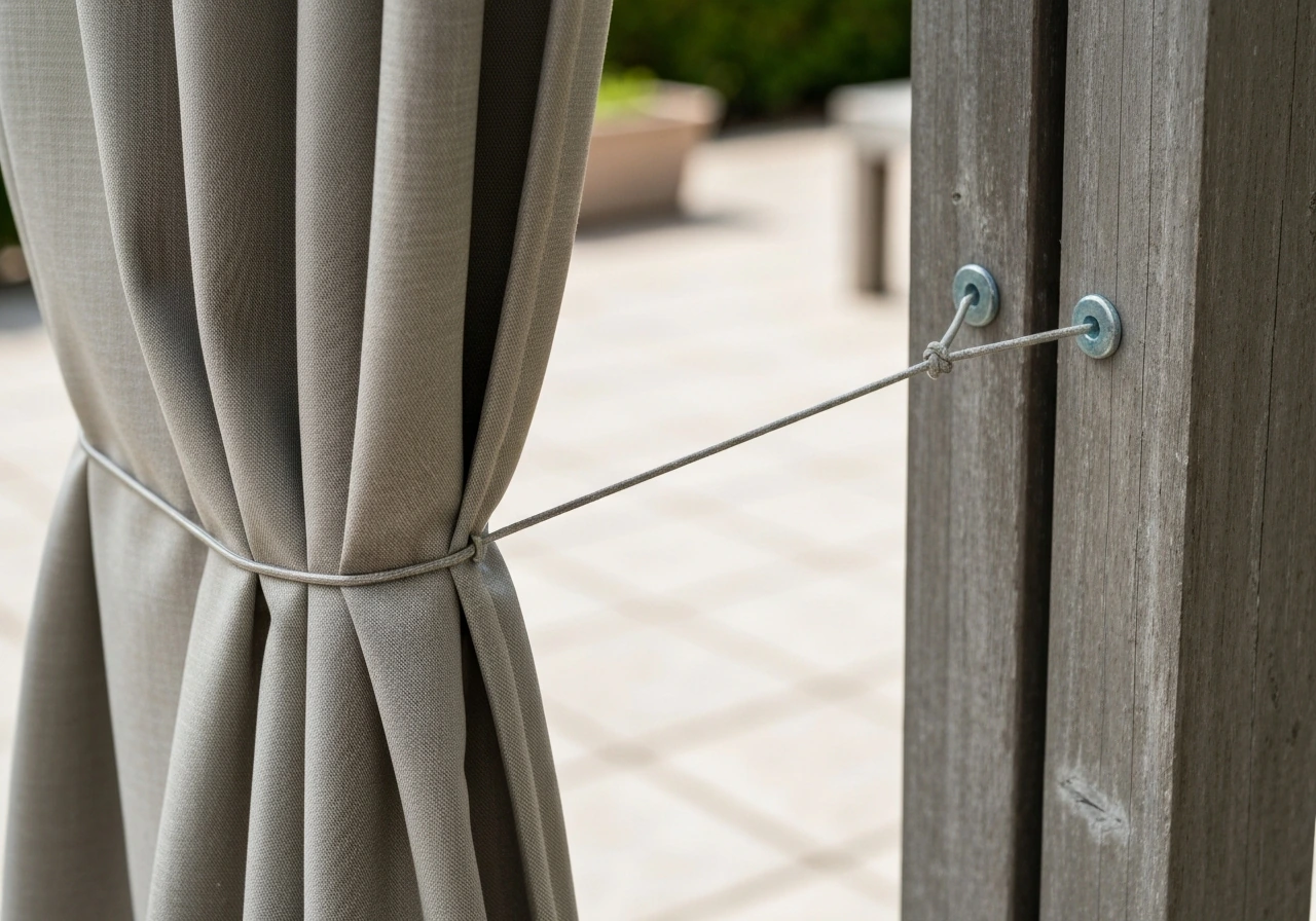 Patio curtain hem held open by a line tie cord anchored to eye bolts on posts