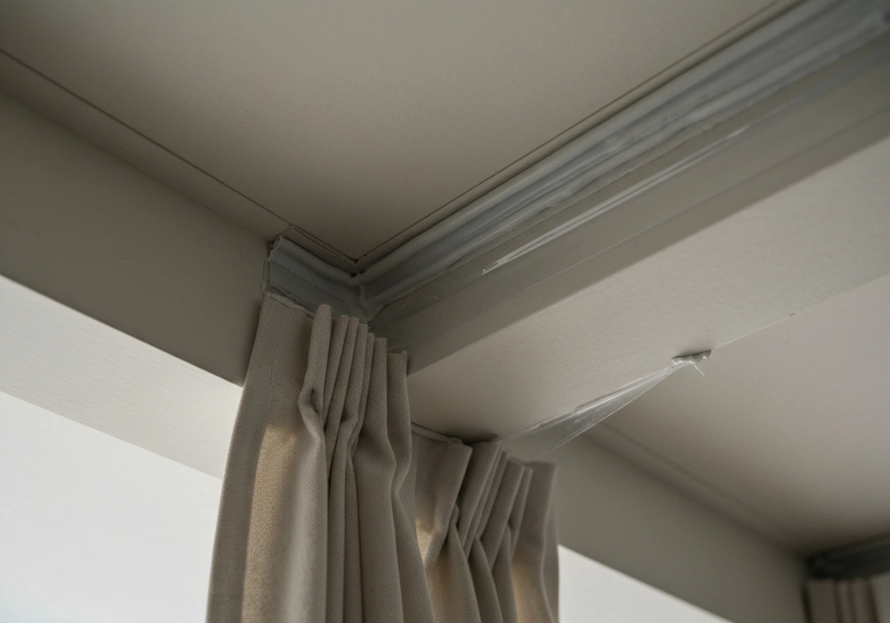 Close-up of a curtain’s top edge sealed snugly against a ceiling to block drafts.