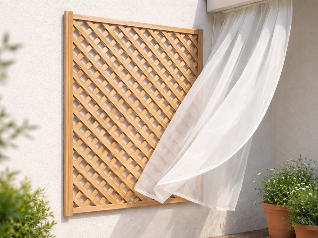 Wood lattice windbreak panel on the prevailing-wind side blocking breeze near an outdoor patio curtain