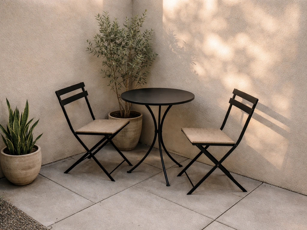 Small patio dining setup with a round table tucked into the corner and two chairs for compact seating