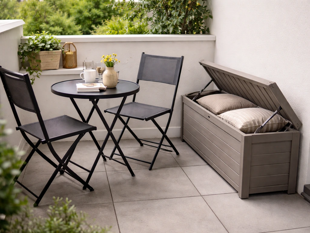 Compact bistro set next to a narrow storage bench with neatly stacked patio cushions.