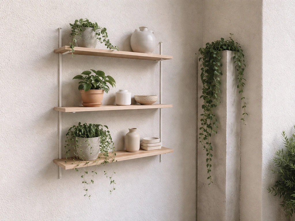 Vertical wall shelves on a small patio holding plants and candles, keeping the floor clear.