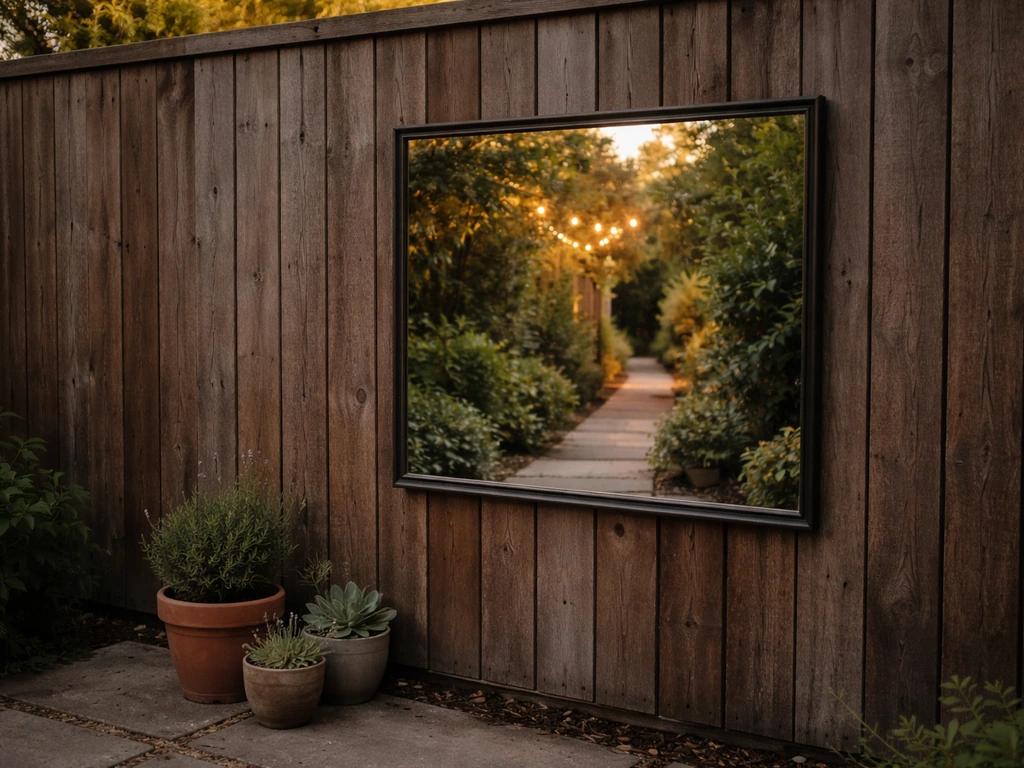 Outdoor-rated mirror mounted on a fence, reflecting a lit pathway and adding depth to a patio.