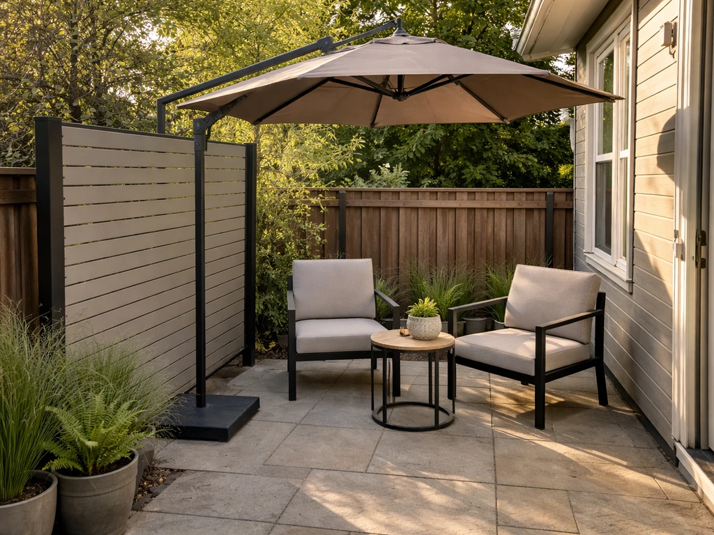 Small patio seating area with compact cantilever umbrella providing shade and privacy screen