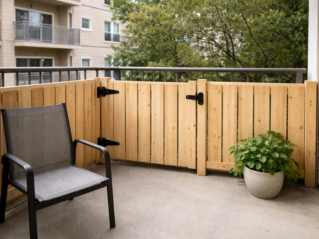 Renter-friendly fence and gate enclosing a small apartment patio at a multi-story building.