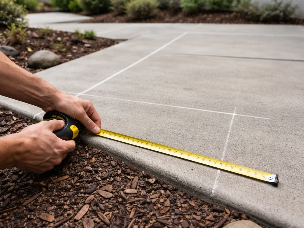 Hands stretch a tape measure along a patio edge with small chalk layout marks on the concrete