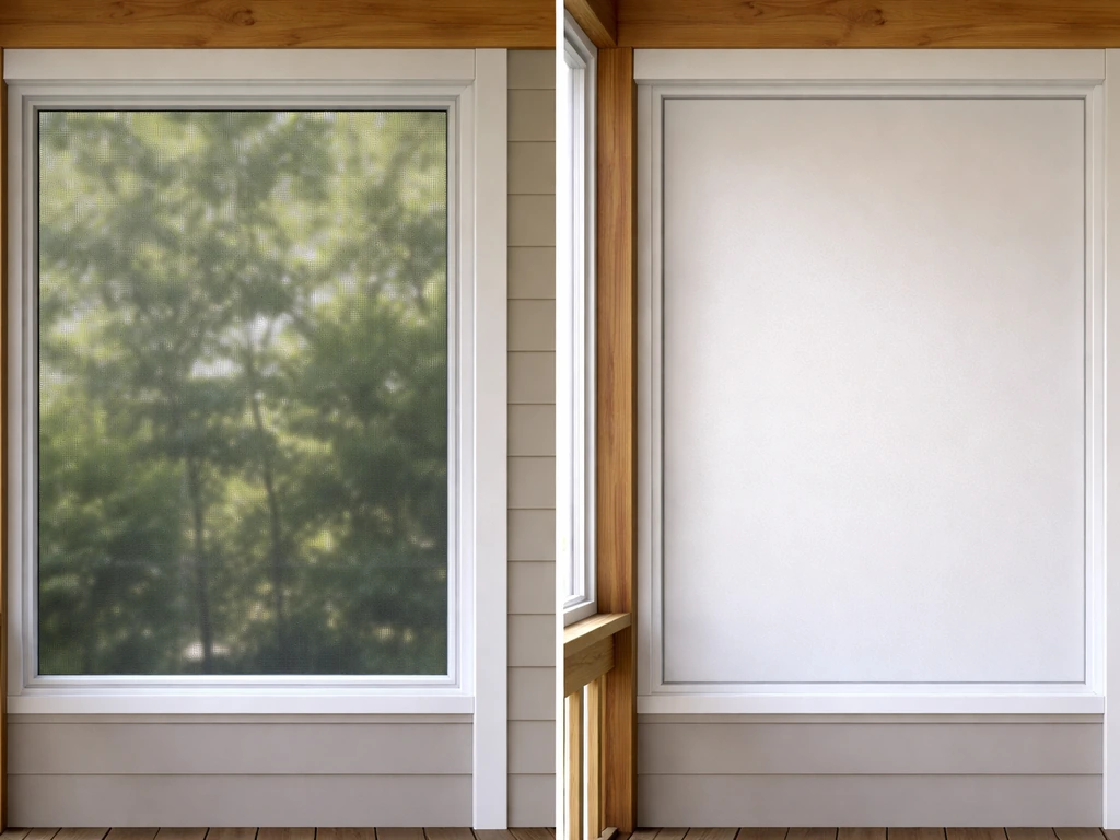 Two installed porch panel sections side by side: screened mesh on left, solid panel blocking view on right.