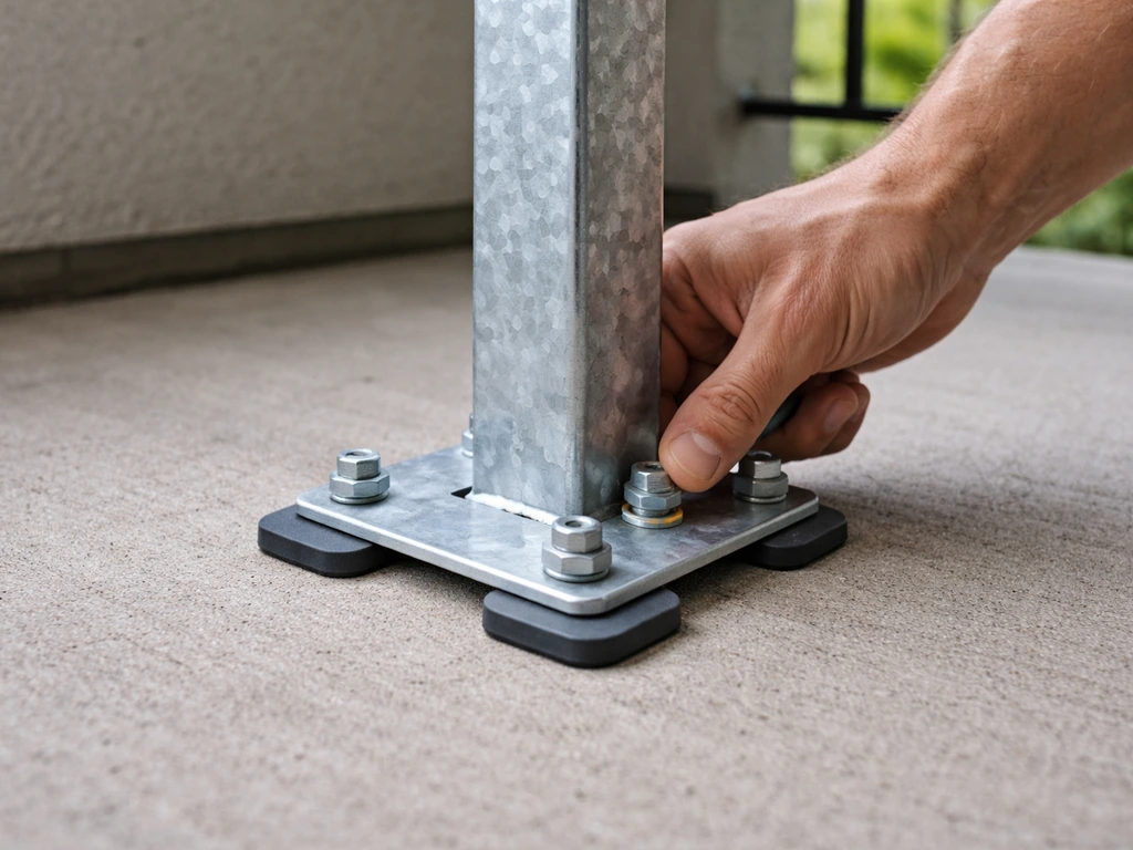 Close-up of an anonymous person installing a fence post base on a concrete patio using renter-safe hardware