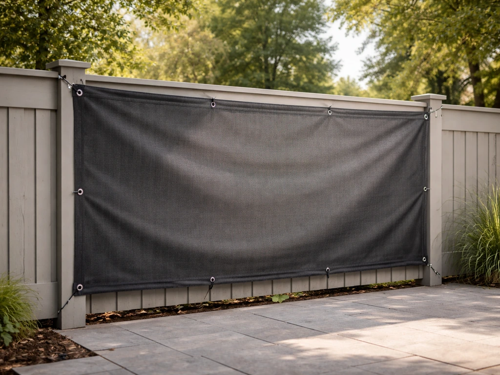 Windscreen fabric tensioned to a patio fence with airflow gaps and corner attachment points