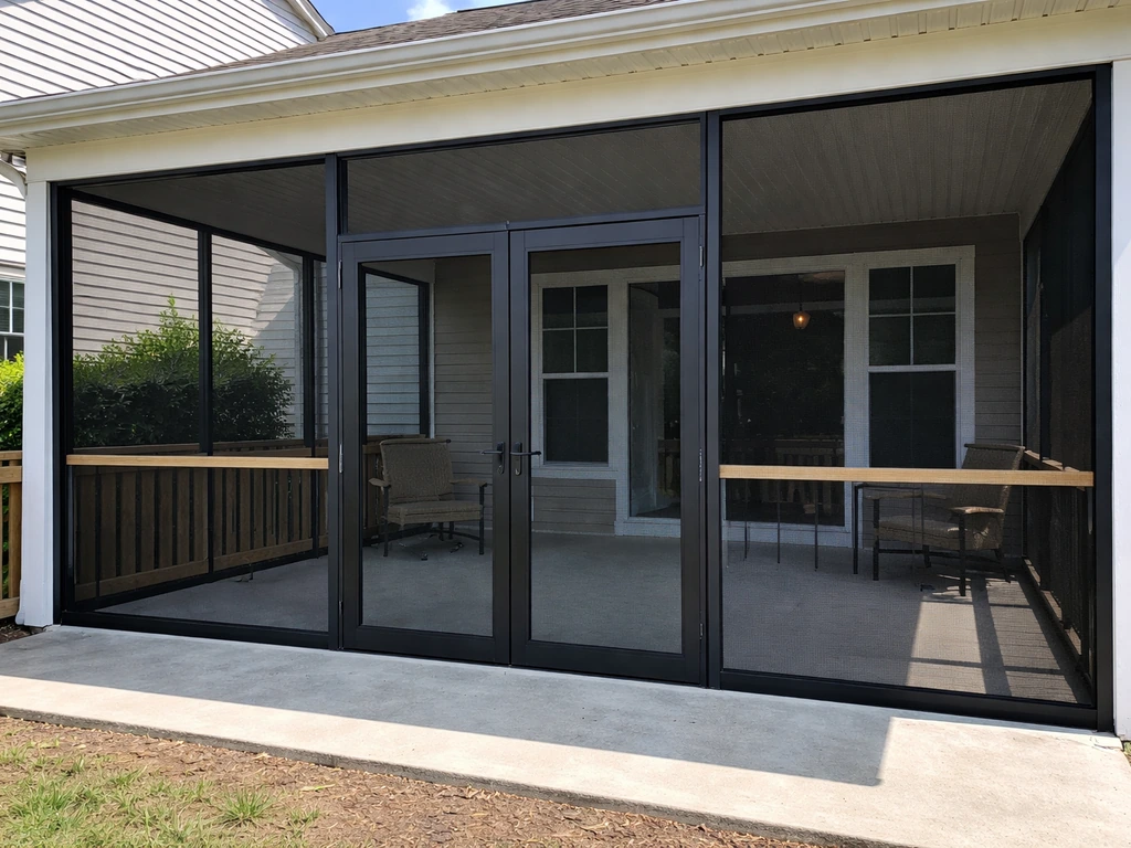 Wide finished view of a DIY screened-in patio enclosure with clean panel lines and doors.