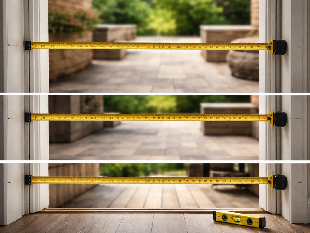 Close-up of a tape measure and level measuring patio door opening dimensions at multiple points
