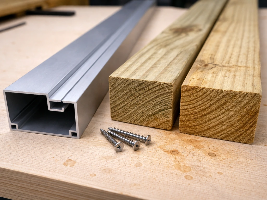 Close-up of aluminum screen framing channel beside pressure-treated wood framing pieces on a workbench