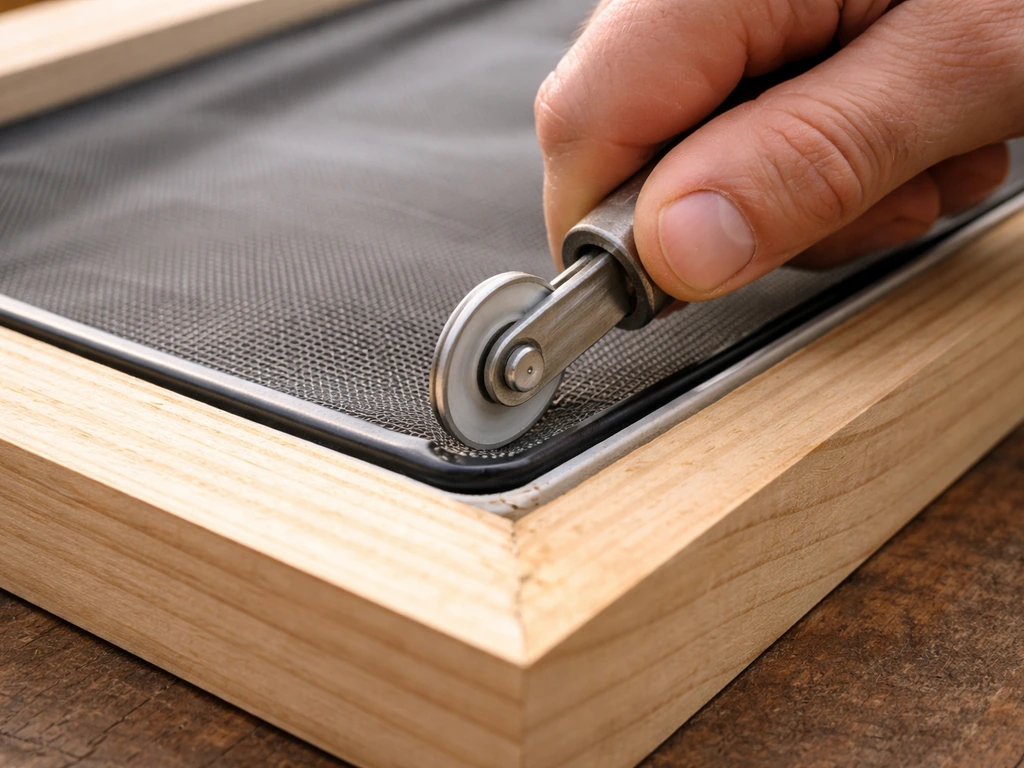 Close-up of a spline roller pressing spline into a channel groove on a tight window screen mesh.