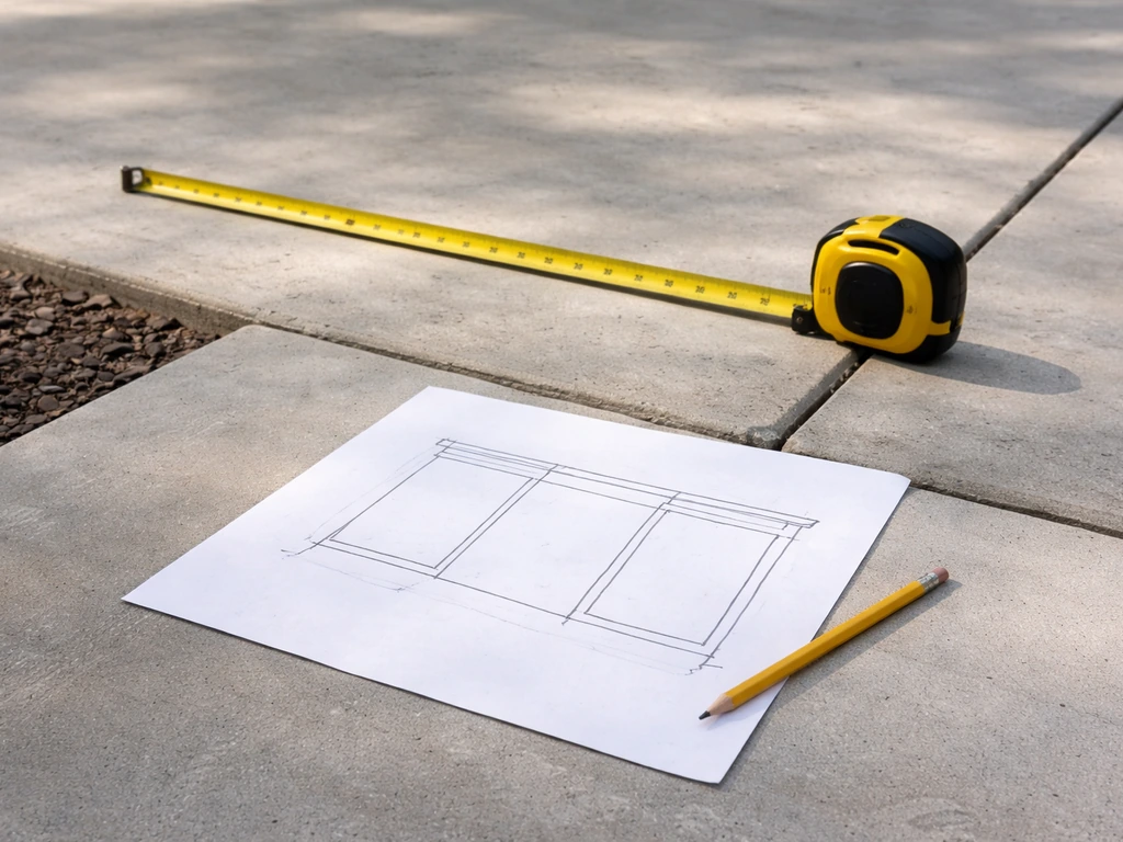 Tape measure and pencil sketch on a patio slab floor showing measurement points