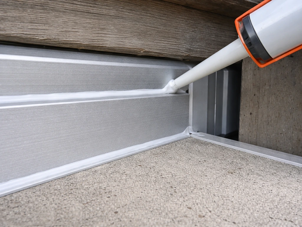 Close-up of two silicone caulk beads sealing an enclosure top rail and base rail joints.