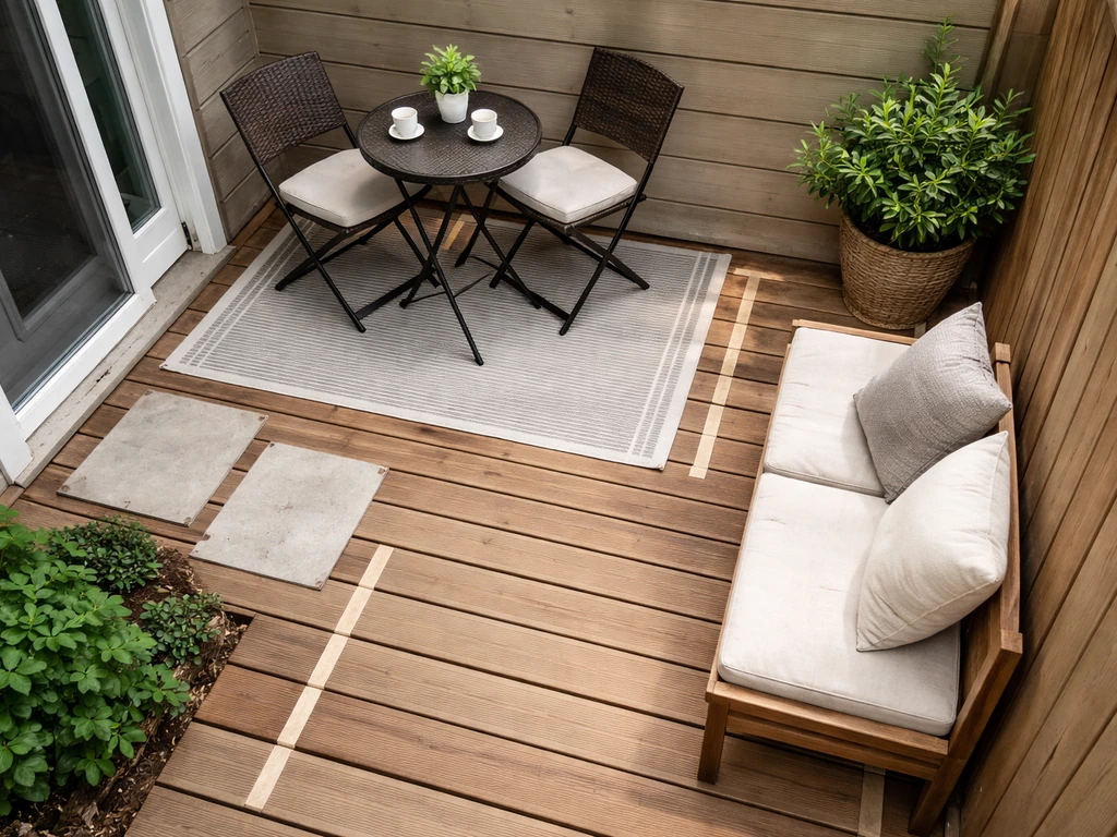 Overhead view of a small deck with compact patio furniture arranged with clear walking space