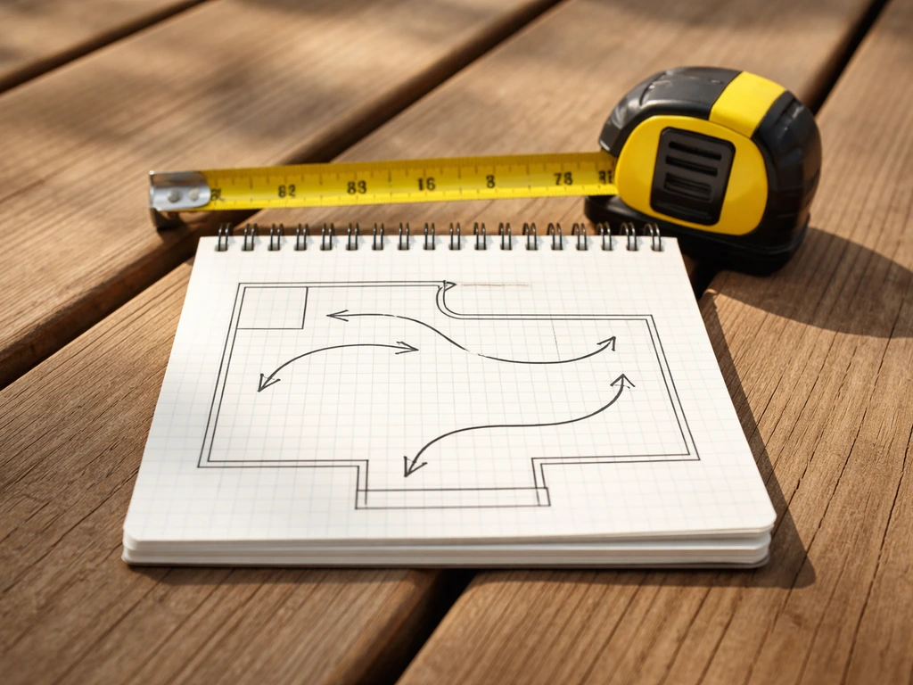 Tape measure and notepad with a simple deck outline sketch and hand-drawn traffic flow lines.