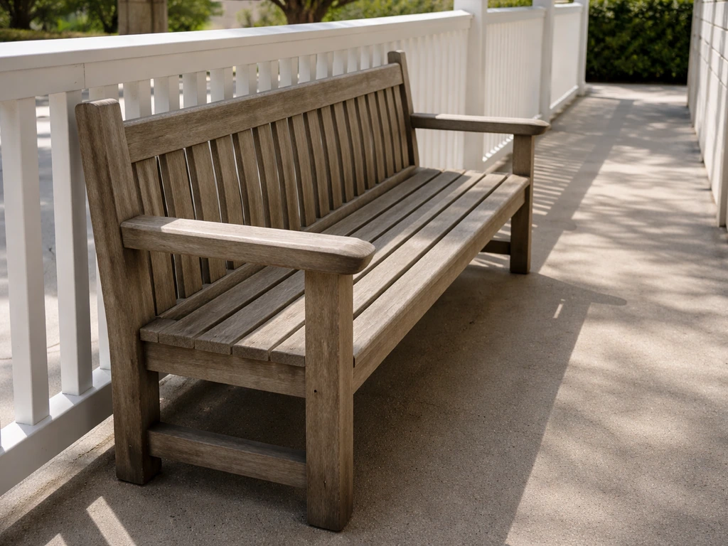 Outdoor bench placed snug against a railing, with a clear open walkway beside it.