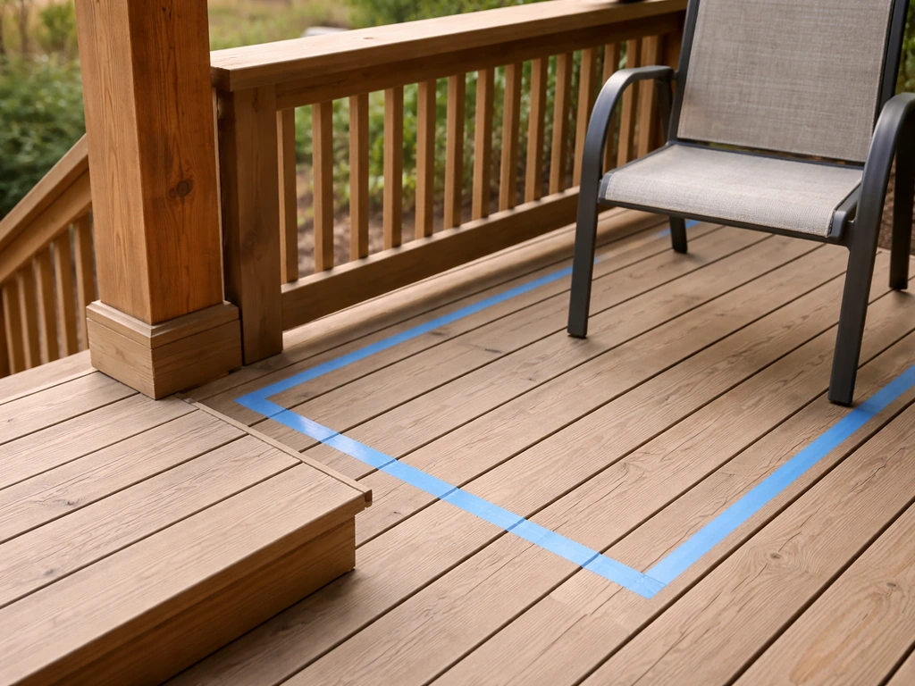 Deck near stairs with painter’s tape marking a clearance zone; chair placed safely away from the no-go area.