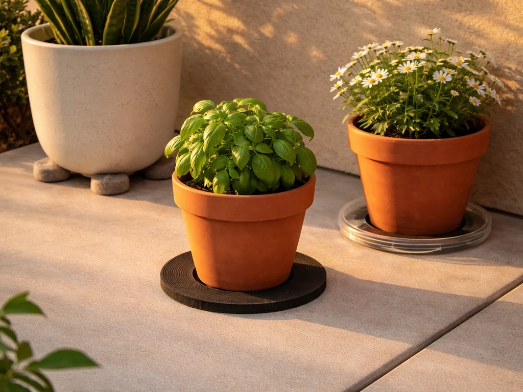 Minimal patio scene with plant pots on protective mats and trays, clean surface with no stains or scratches