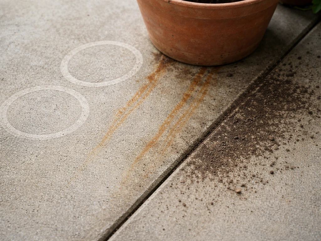 Patio concrete with mineral water rings, rust streaks, and soil abrasion marks near a plant pot base.