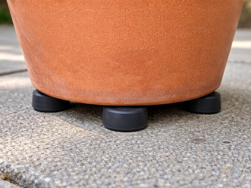 Small pot feet lifting a plant pot off a patio surface to prevent direct moisture contact
