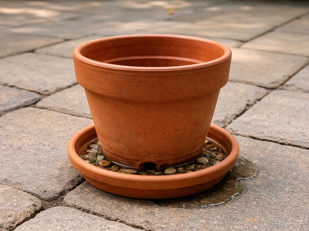 Terracotta pot on an outdoor patio with overflow water collected in a saucer/drip tray