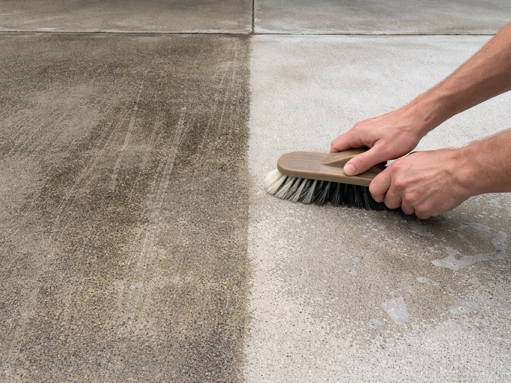 Split view of stained concrete being cleaned with a brush, leaving brighter cleaned area and darker residue.