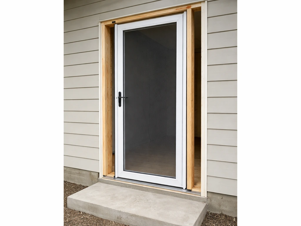 Pre-hung screen door unit aligned in a framed doorway, threshold area ready for weatherproofing.