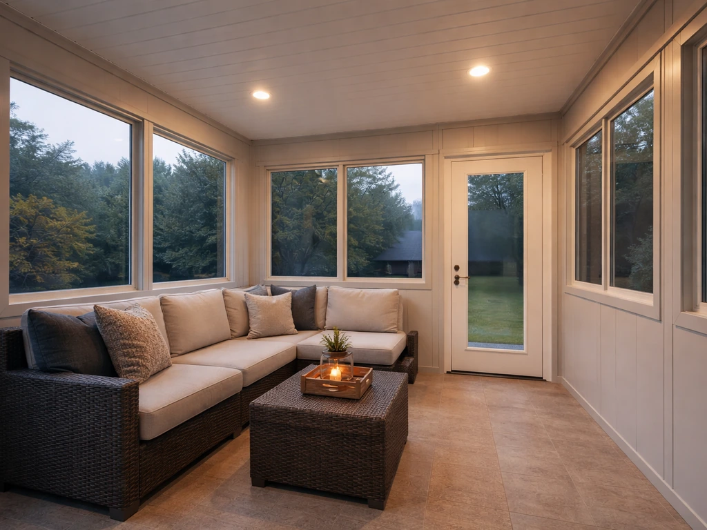 Cozy covered patio enclosure with sealed windows and insulated walls, ready for year-round warmth.