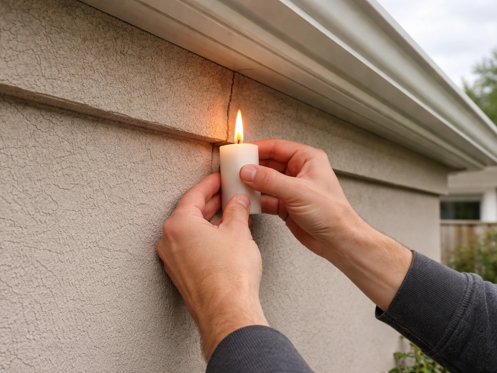 Lit candle held near a patio roof-to-wall gap with drafts visibly flickering the flame.