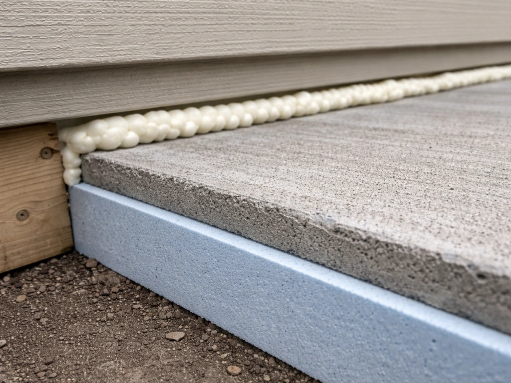 Close-up of a patio slab edge with sealed insulation barrier and spray foam at the ledger joint