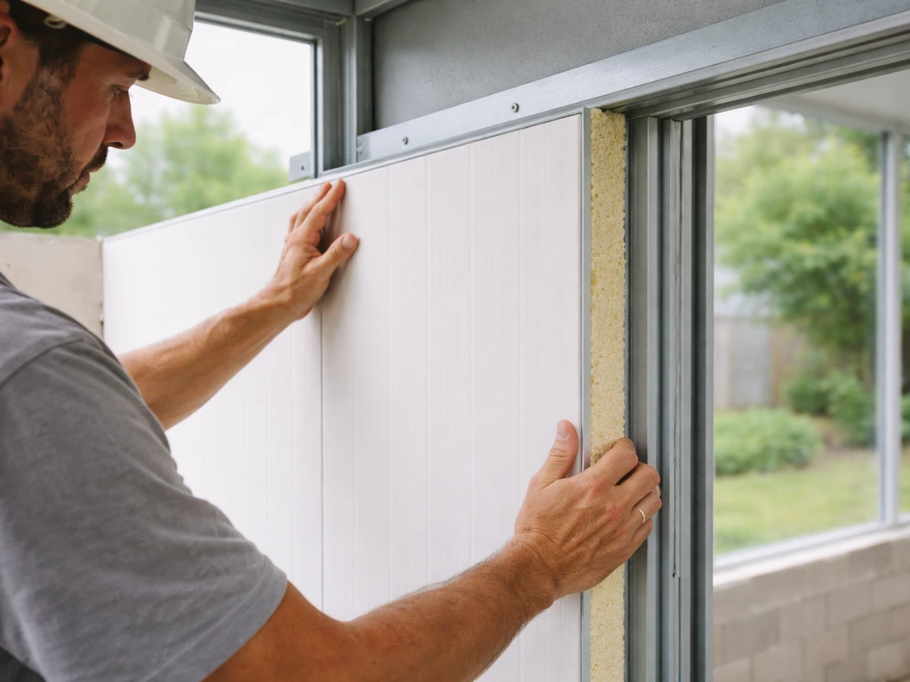 Worker installing solid insulated wall panels into an existing patio enclosure frame