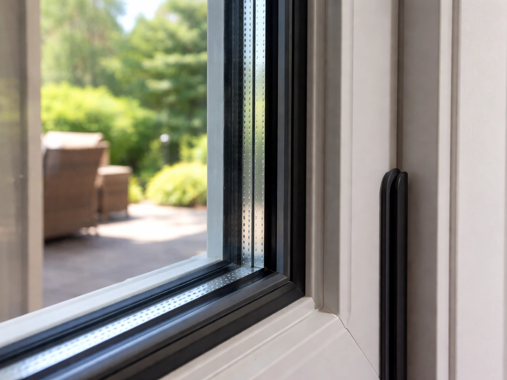 Close-up of insulated double-pane patio door glass with visible weatherstripping along the frame