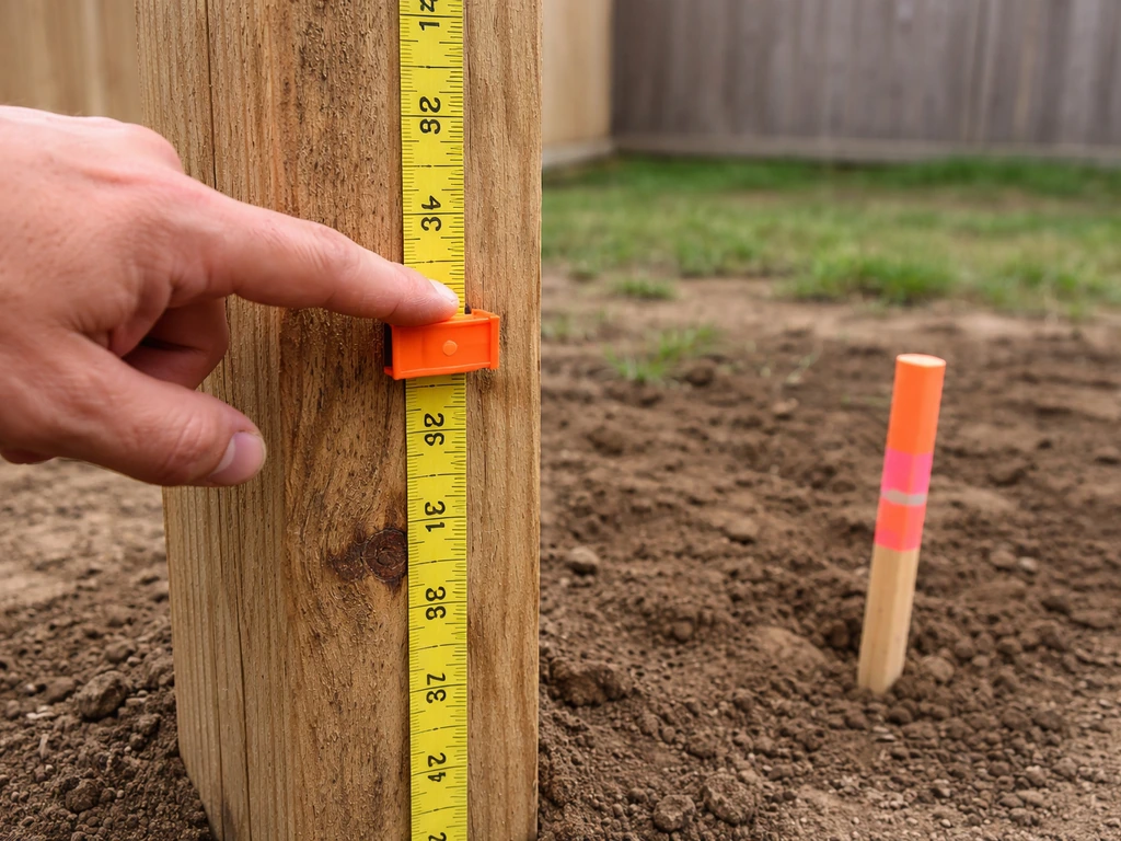 Measuring tape and fence-height marker beside a survey stake next to a wooden fence.