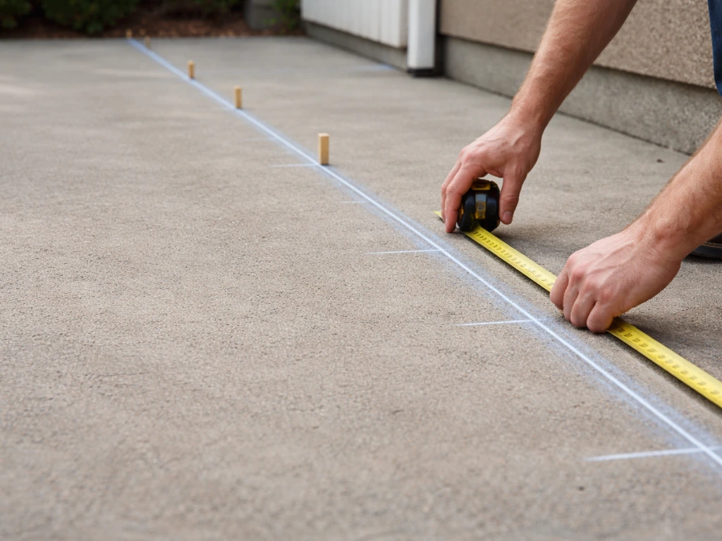 Homeowner measuring a wall on a patio with a tape measure and chalk lines marking evenly spaced bays.