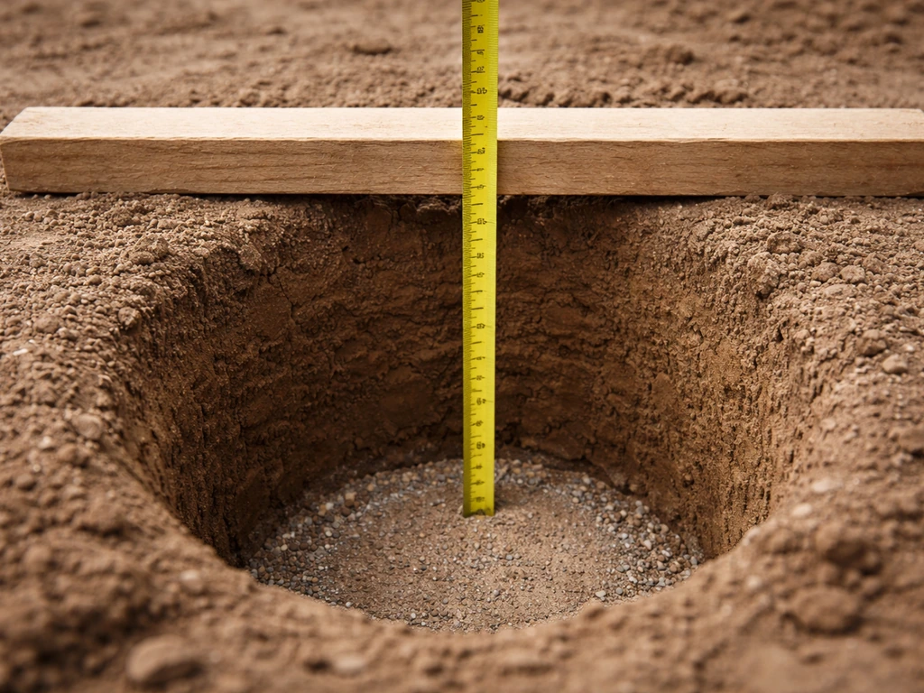 Close-up of a tape measure marking depth in a freshly dug post hole with gravel at the bottom