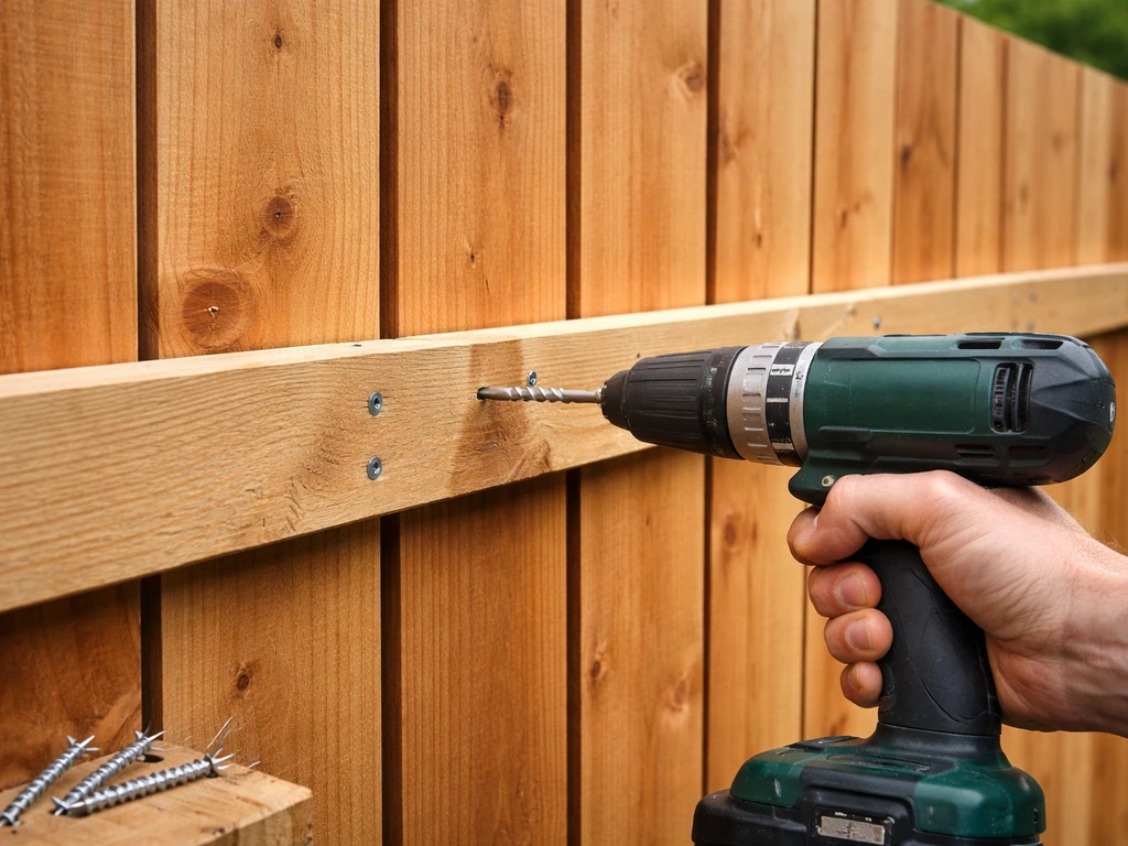 Close-up of wood fence boards screwed to horizontal rails with even 1/4-inch spacing