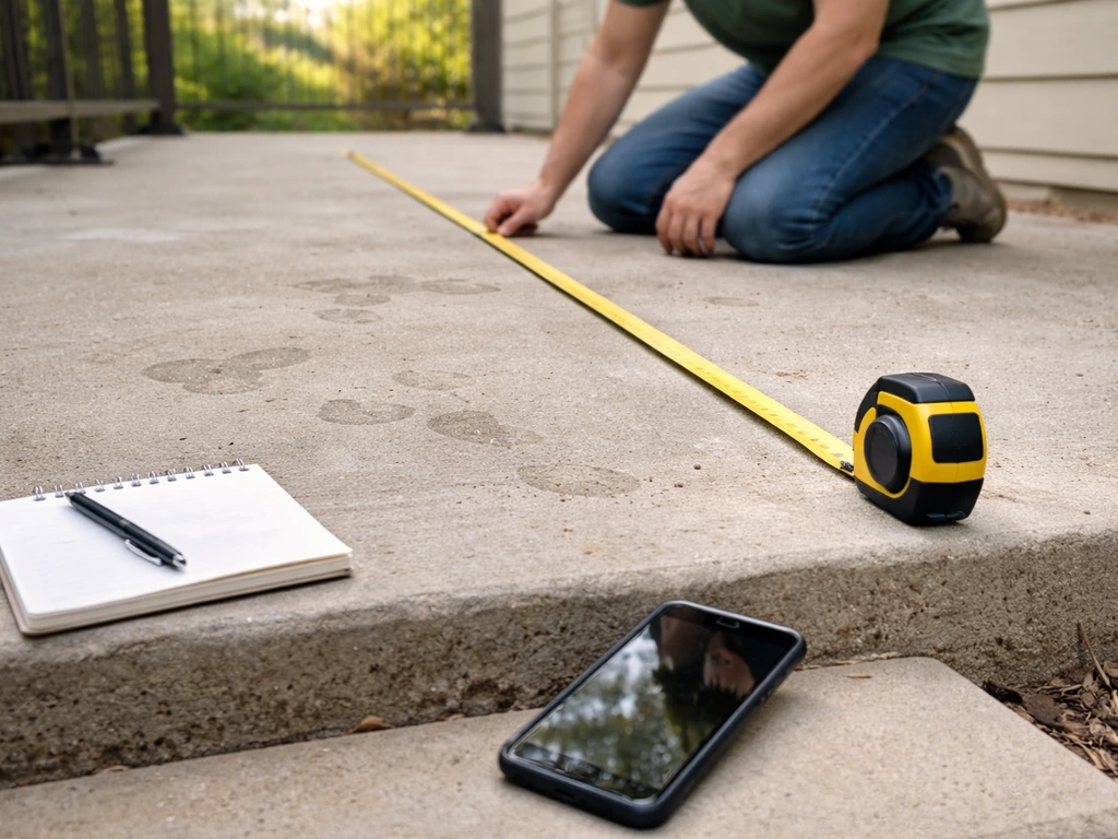 Kneeling on a patio measuring layout with tape, notepad, and smartphone capturing dimensions.