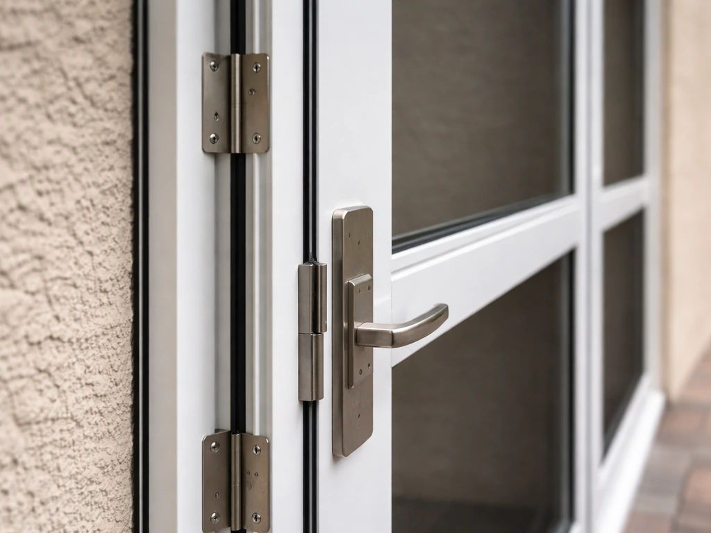 Close-up of a patio enclosure door section showing sealed panel seams, hinges, and latch detail.