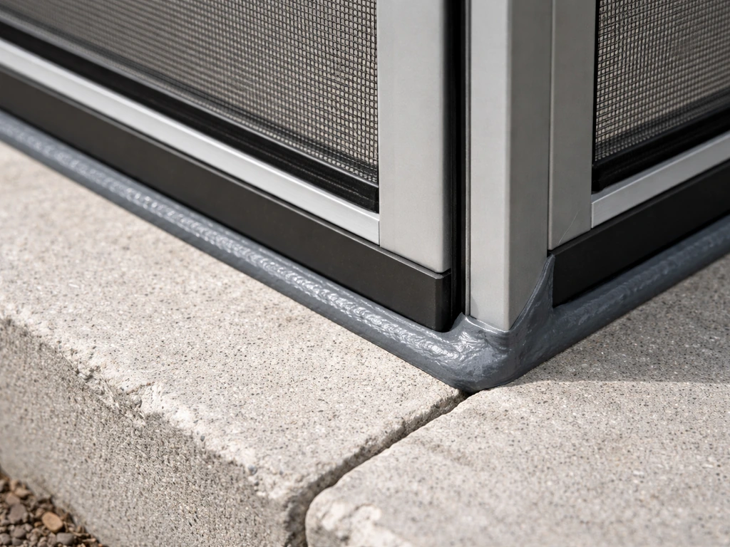 Close-up of window screen base and corner joints sealed with gasket and sealant beads outdoors.