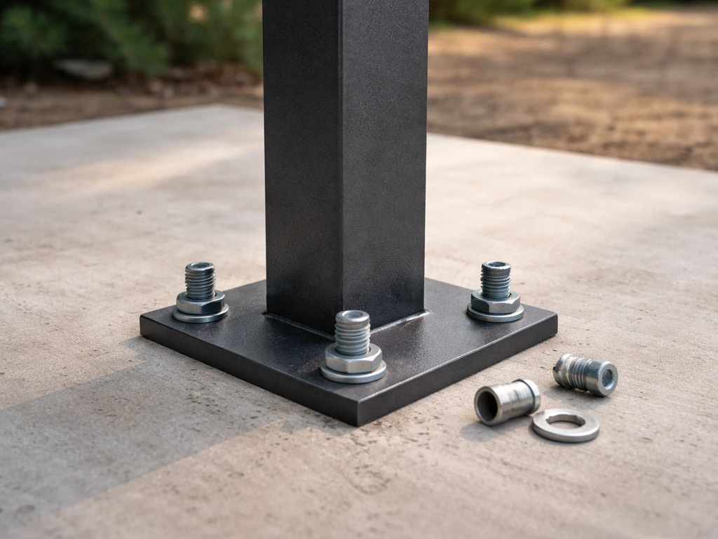 Close view of a steel post base plate with concrete anchors set on a slab for a freestanding frame.